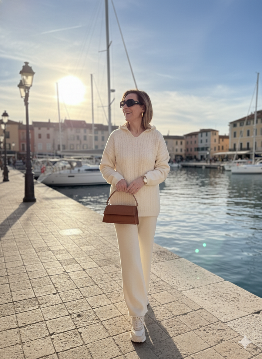 "Ensemble Zoé écru - haut capuche manches longues 100% polyester, élégance casual chic"