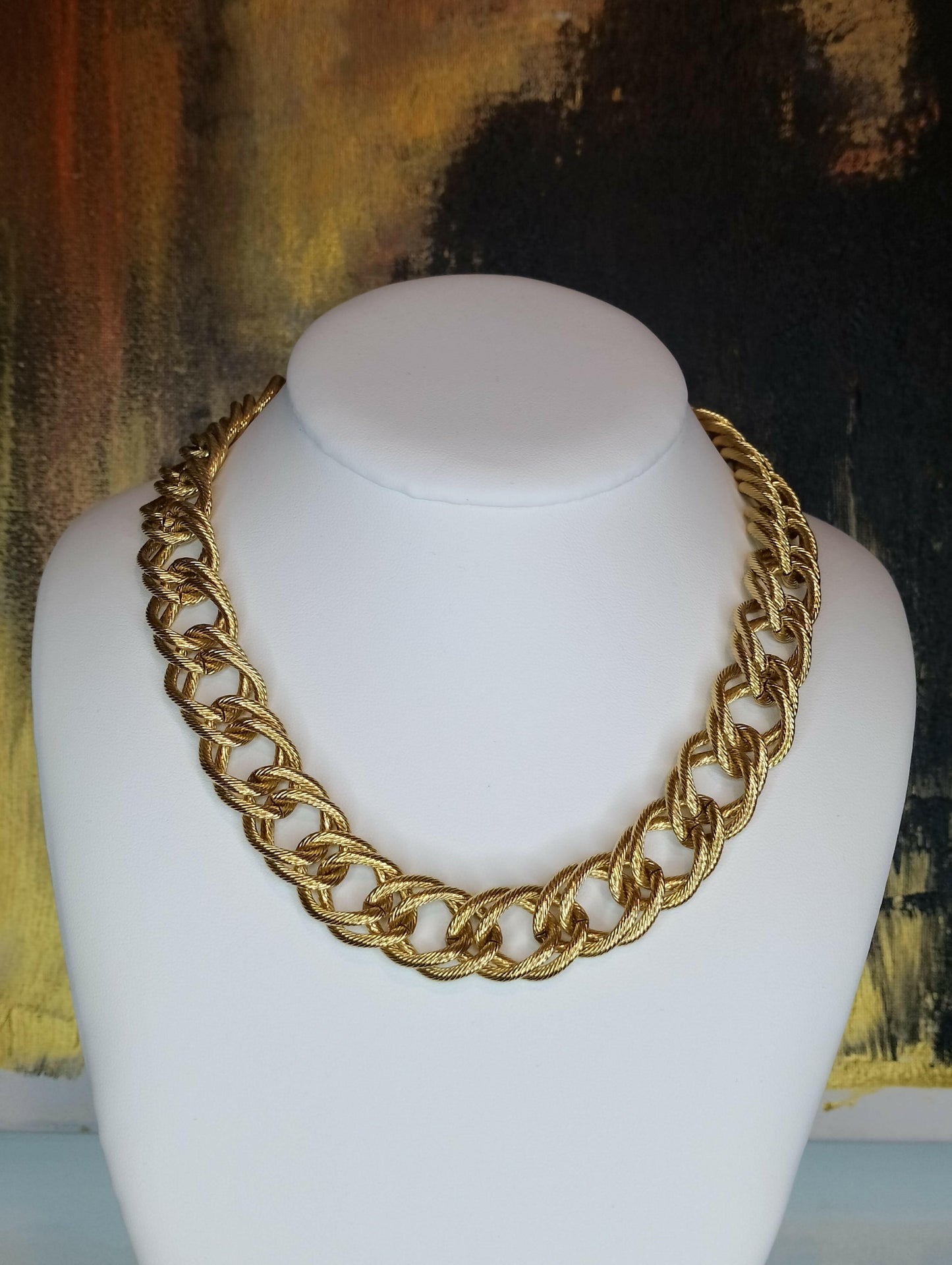 Collier Iris acier inoxydable doré maille gourmette double striée, vue de face - collier polyvalent 42cm + 5cm réglage pour bureau soirées et fêtes