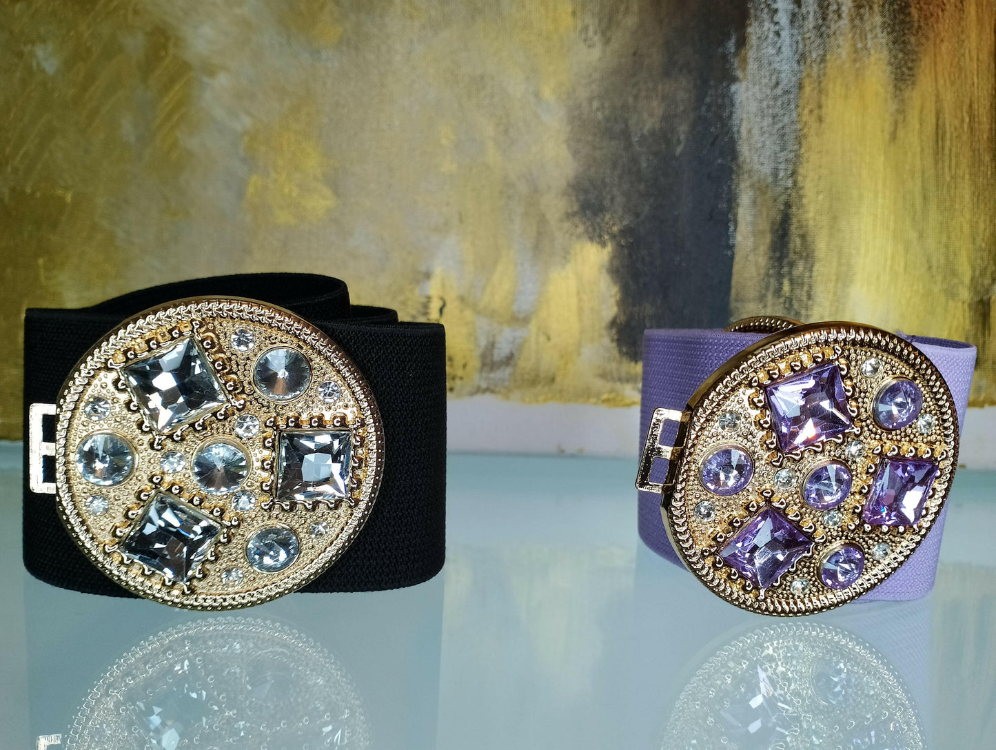 Ceinture Joy élasthanne PU boucle métal or clair, vue de face - ceinture luxueuse largeur 6cm taille unique pour style casual et occasions formelles