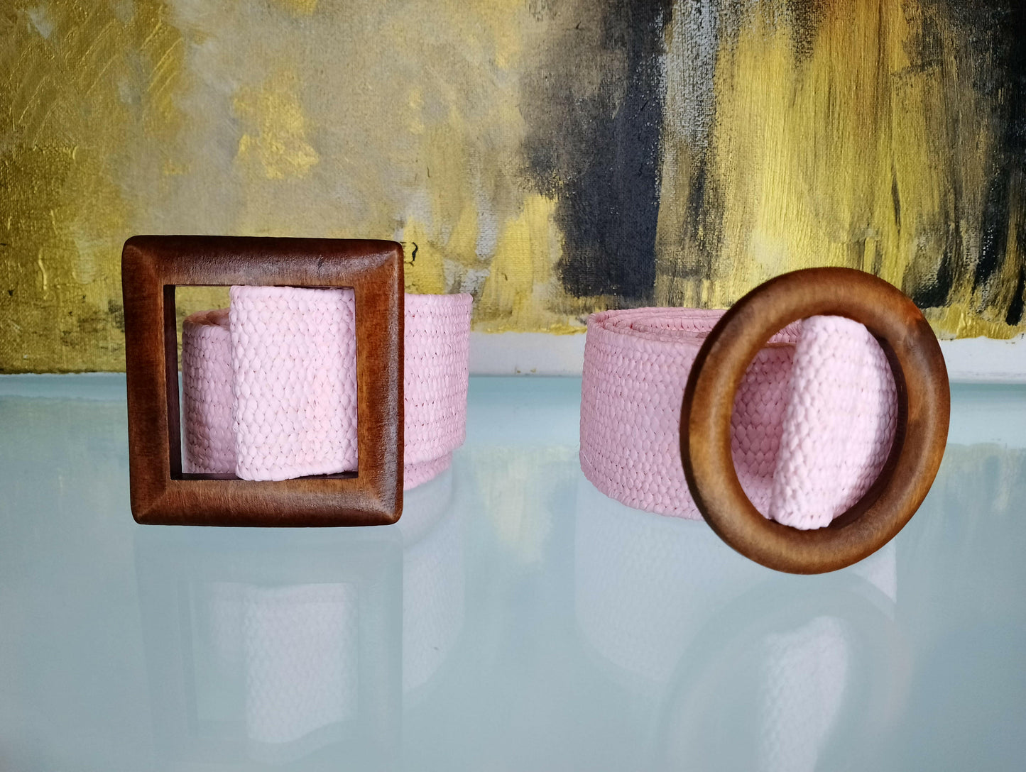 Ceinture Rosalie élasthanne polyester boucle bois marron, vue de face - ceinture élégante largeur 5cm taille unique pour style urbain et occasions formelles