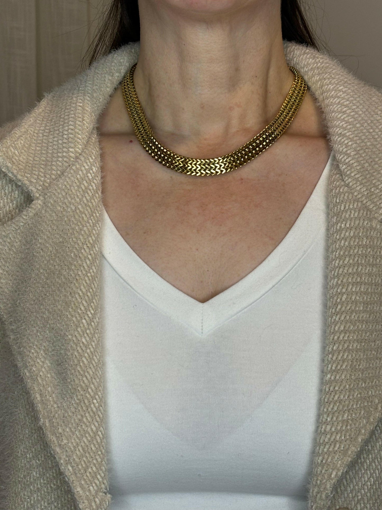 Collier Ophélie acier inoxydable doré, vue de face - collier maille gourmette 44cm + 5cm réglage pour occasions formelles et informelles