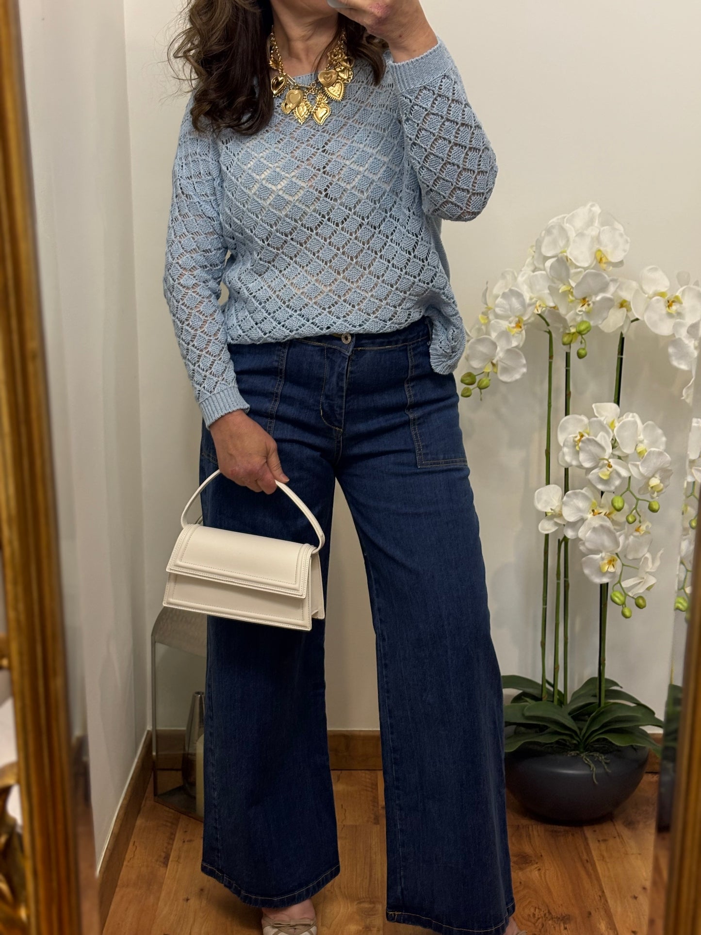 Pull Landry ajouré bleu en coton, vue de face - pull 100% coton taille unique 36-42 pour journées fraîches automne-hiver