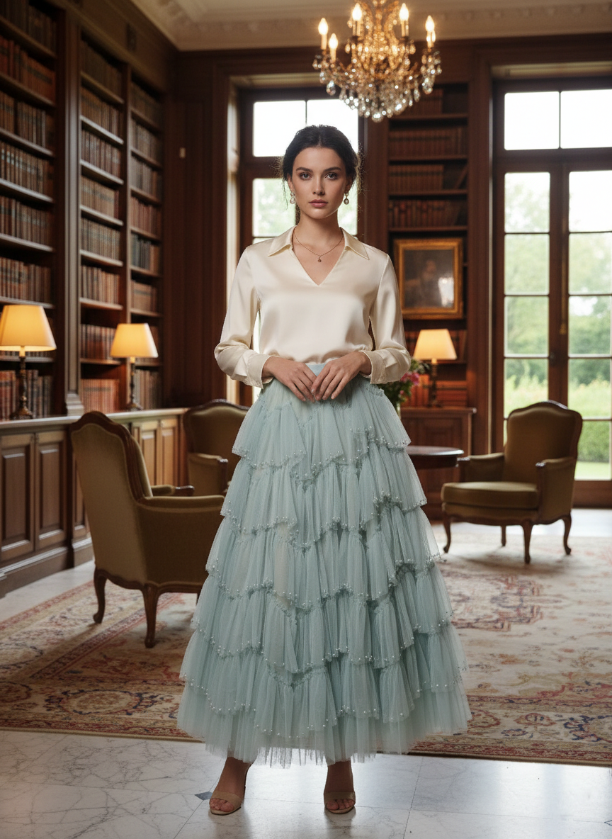 Jupe Perla coloris vert d'eau rafraîchissant, vue complète - jupe printemps été automne facile d'entretien lavage machine séchage air