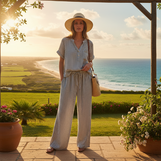 "Pantalon Hugo rayé - taille élastique coton, style maritime chic intemporel BONITALUZ"