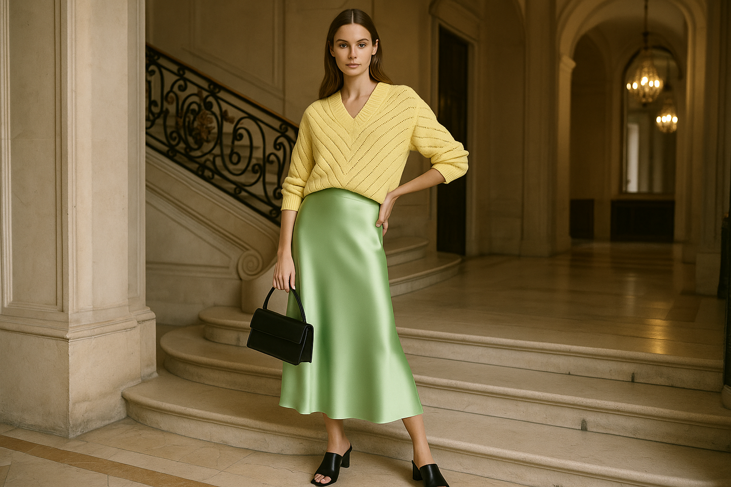 Jupe Dina vert pastel portée par mannequin élégant - jupe confortable taille unique parfaite pour printemps et été