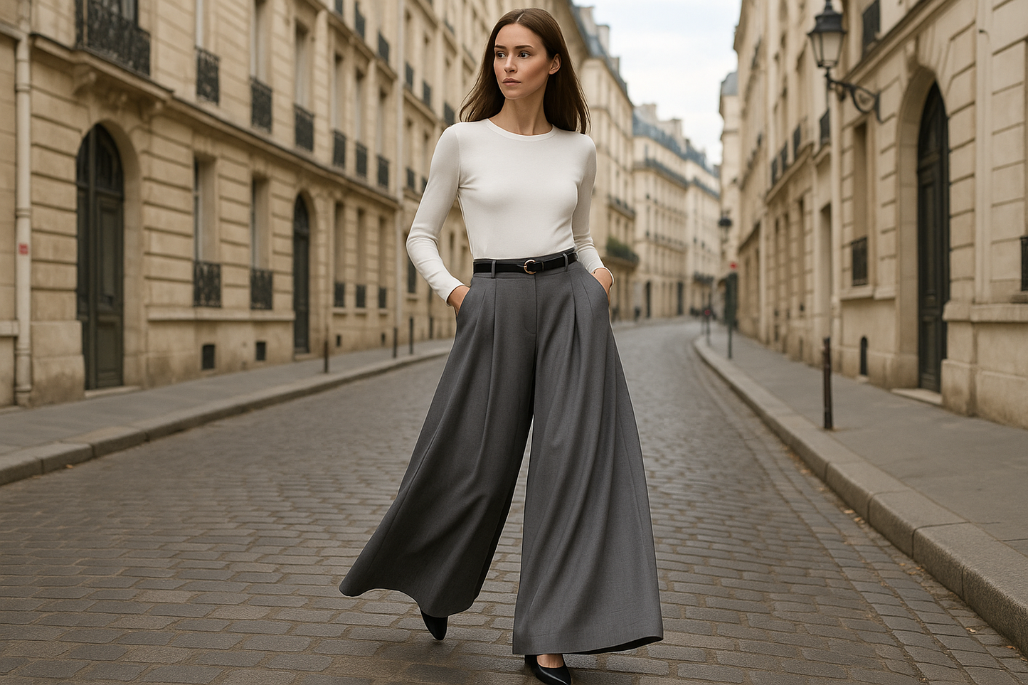 Pantalon Eddy gris pose différente sur mannequin rue parisienne - pantalon coupe flatteuse taille unique 36/42 pour bureau et sorties