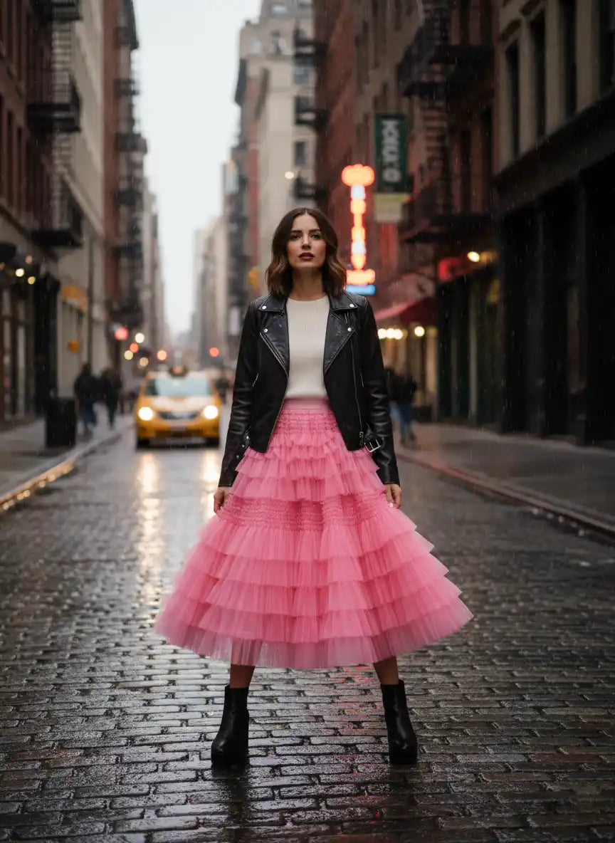 Jupe rose à volants portée dans les rues de New York, look rock chic, style éditorial
