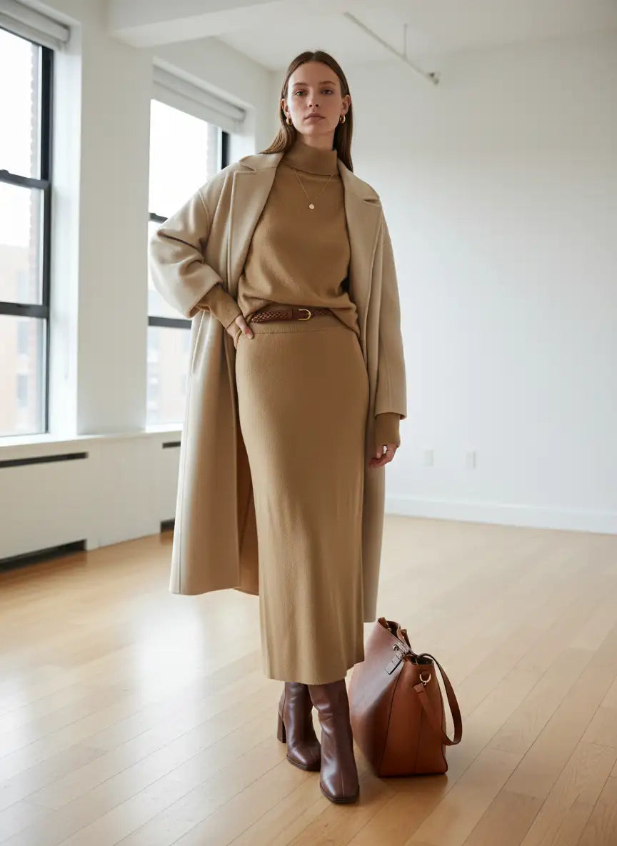 Jupe longue femme camel trench coat beige ceinturé sac cognac studio minimaliste lumière naturelle fenêtre look editorial chic épuré BONITALUZ