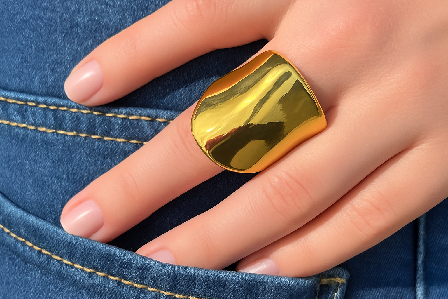 Bague Océane style géométrique contemporain, vue portée bijoux dorés - bague sans nickel taille 56 non ajustable pour aspect métallique moderne toutes saisons