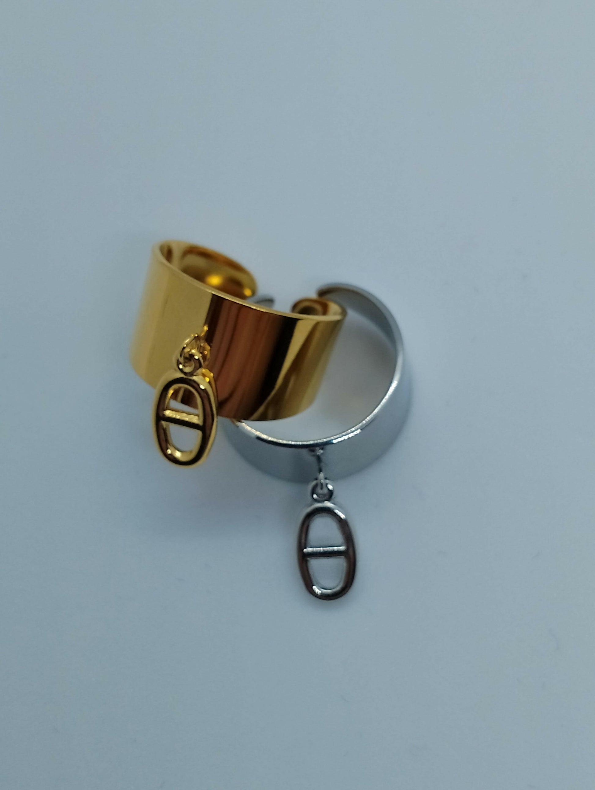 Bague Sophia acier inoxydable breloque non fixe deux couleurs, vue de face - bague moderne élégante hauteur 1cm légèrement ajustable pour anniversaires et fêtes Noël