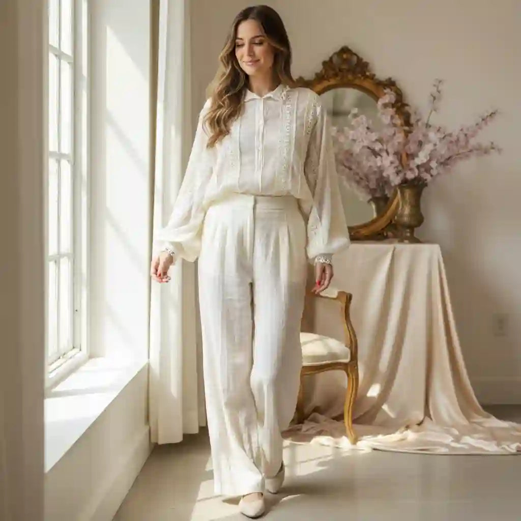 Blouse femme blanche fluide manches larges chambre baroque fenêtre lumière naturelle look poétique élégant BONITALUZ