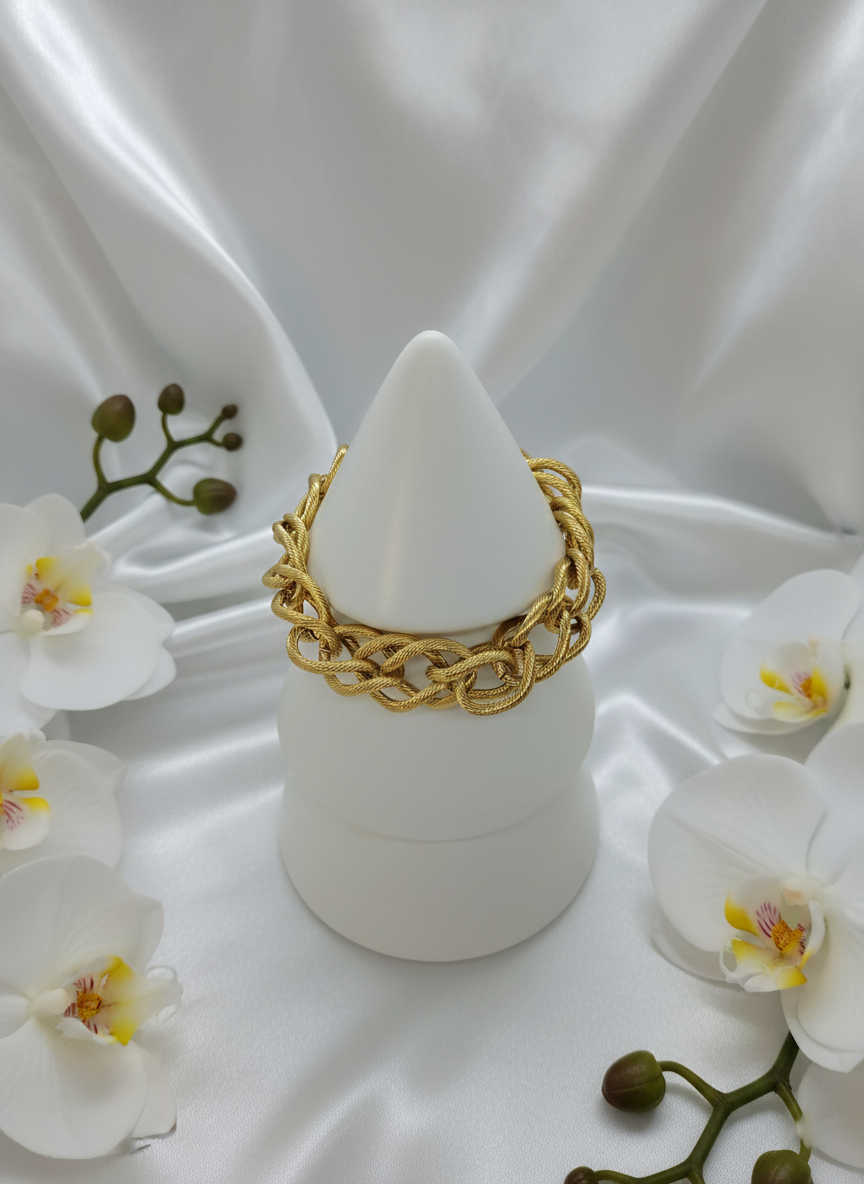 Bracelet Iris acier inoxydable doré maille gourmette double striée, vue de face - bracelet élégant durable 17cm + 3cm réglage pour bureau et soirées ville