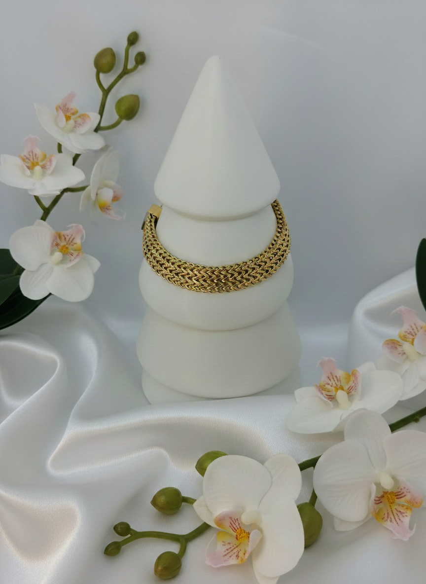 Bracelet Ophélie acier inoxydable doré maille gourmette, vue de face - bracelet moderne minimaliste 17cm + 5cm réglage pour bureau et soirées ville