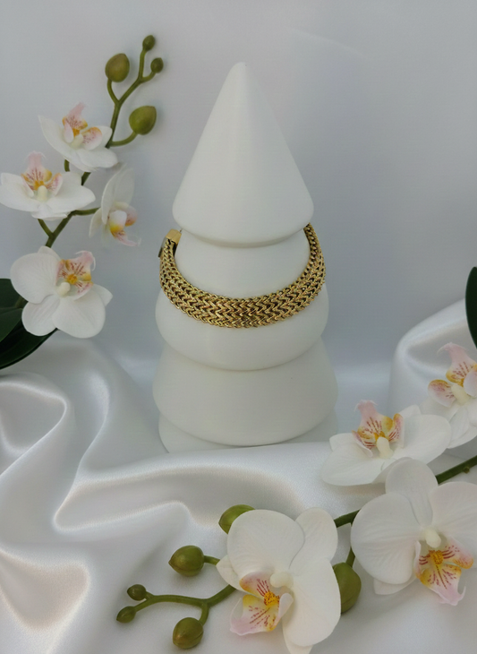 Bracelet Ophélie acier inoxydable doré maille gourmette, vue de face - bracelet moderne minimaliste 17cm + 5cm réglage pour bureau et soirées ville