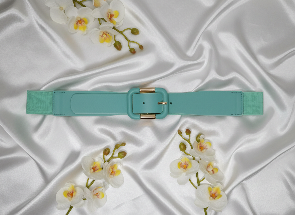 Ceinture Agathe PU lisse élasthanne boucle métal or clair, vue de face - ceinture élégante largeur 3,8cm taille unique pour événements professionnels et cérémonies élégantes, design contemporain intemporel