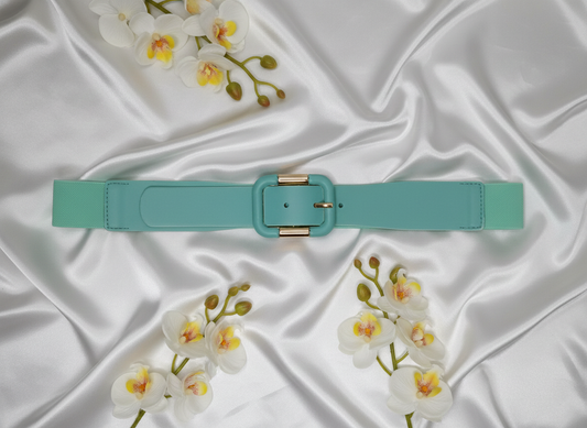 Ceinture Agathe PU lisse élasthanne boucle métal or clair, vue de face - ceinture élégante largeur 3,8cm taille unique pour événements professionnels et cérémonies élégantes, design contemporain intemporel