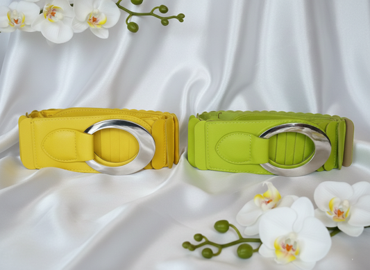 Ceinture Ariella PU lisse élasthanne boucle métal argent clair, vue de face - ceinture élégante largeur 6cm taille unique pour occasions formelles informelles et événements spéciaux