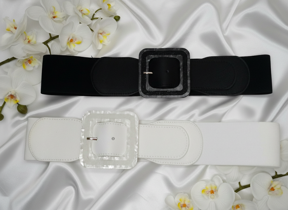 Ceinture Caroline synthétique élastique boucle fantaisie carrée, vue de face - ceinture élégante largeur 6cm taille unique pour bureau et soirées ville