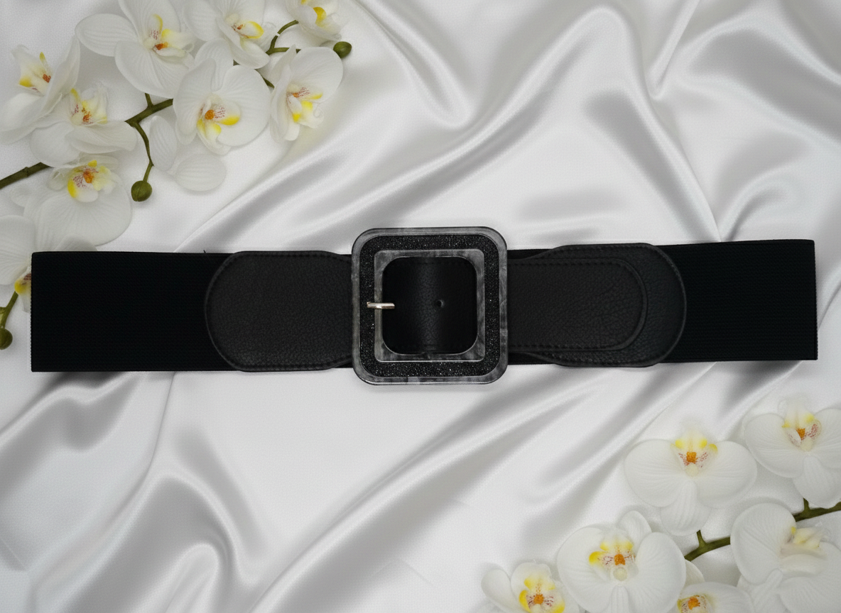 Ceinture Caroline fermeture ardillon ajustable, vue portée - ceinture polyvalente toutes saisons pour robe noire pantalon blanc ou jupe rouge