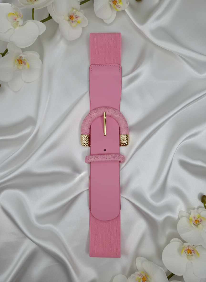 Ceinture Rosa PU lisse boucle métal or clair largeur généreuse, vue de face - ceinture sophistiquée 5cm taille unique pour structurer silhouette, parfaite robe fluide ensemble tailleur ou jean décontracté