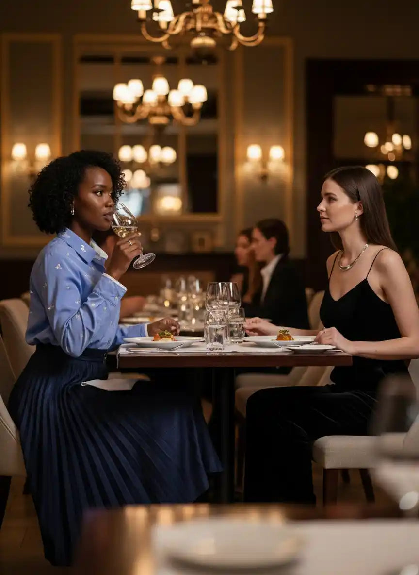 Chemise femme bleue ciel jupe longue bleu marine restaurant gastronomique luxe lustres dorés lumières chaudes dîner entre amies look soirée chic élégante BONITALUZ