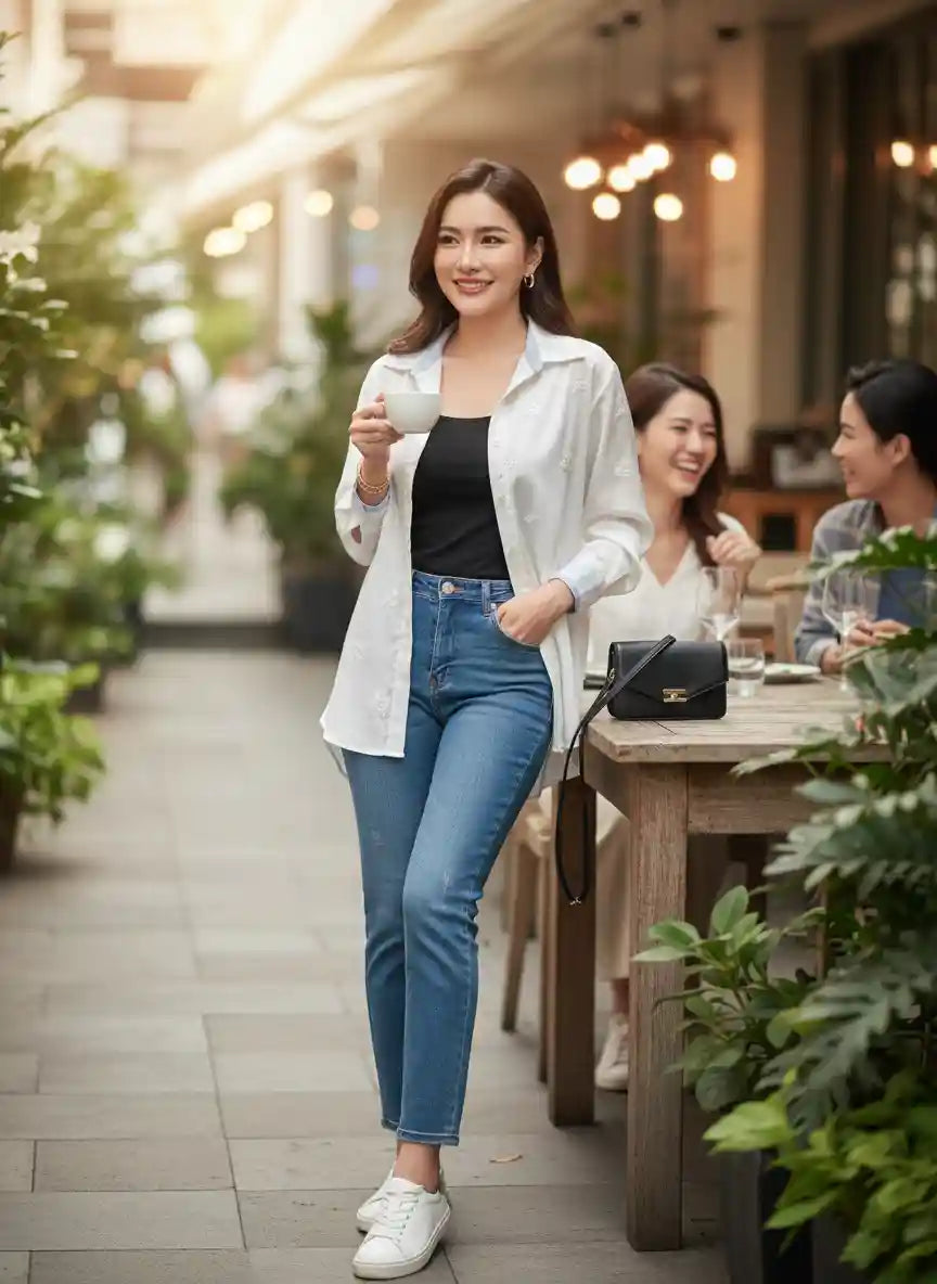 Chemise femme blanche jean bleu sac bandoulière noir baskets blanches galerie marchande moderne plantes suspendues amies look casual chic shopping BONITALUZ