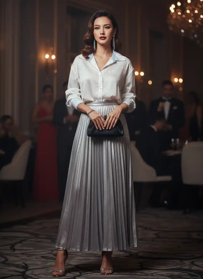 Chemise femme blanche jupe longue argentée brillante salle de bal opéra dorée lustres chandelles lumières chaudes look soirée glamour opéra chic BONITALUZ