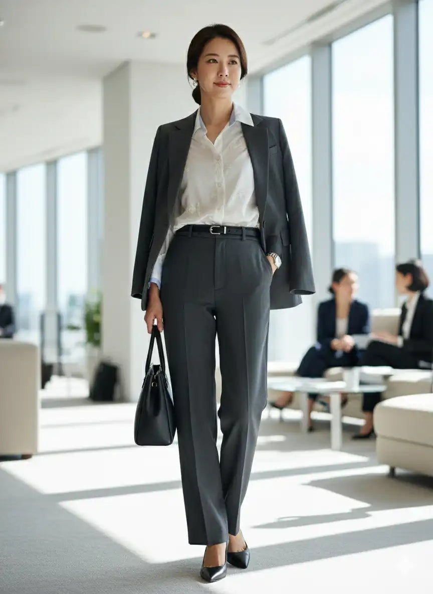 Chemise femme blanche blazer gris anthracite pantalon noir tailleur sac noir open space bureau moderne cloisons vitrées look working girl power chic BONITALUZ