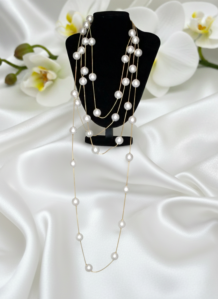 Collier Emma sautoir doré 4 chaînes perlées - acier inoxydable luxe