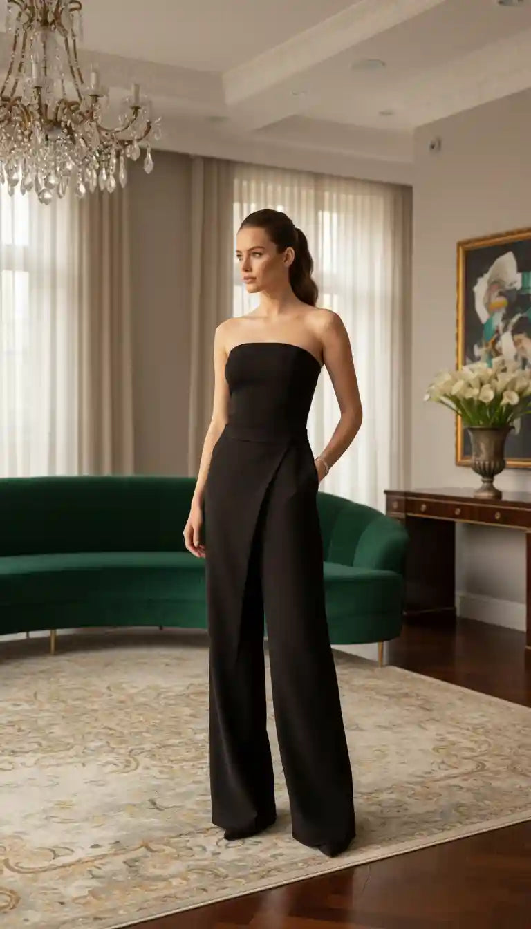 Combinaison Joy femme bustier salon bourgeois lustre cristal canapé vert look soirée chic BONITALUZ