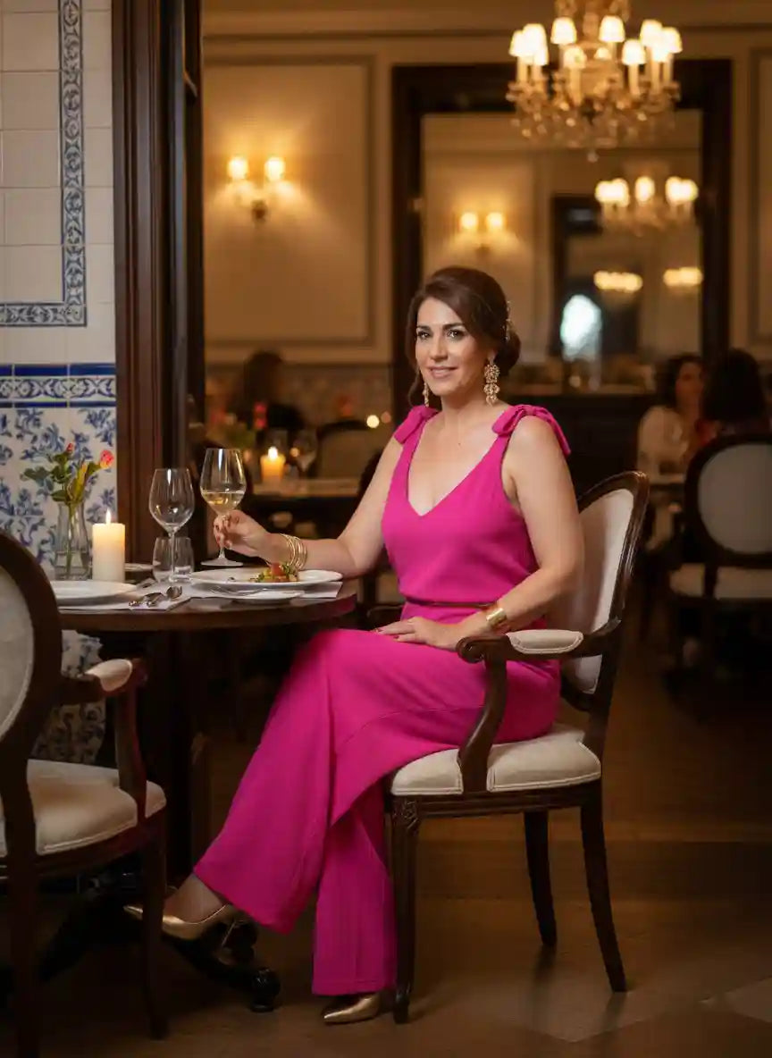 Combinaison femme rose fuchsia restaurant luxe lustre doré soirée gastronomique élégante BONITALUZ