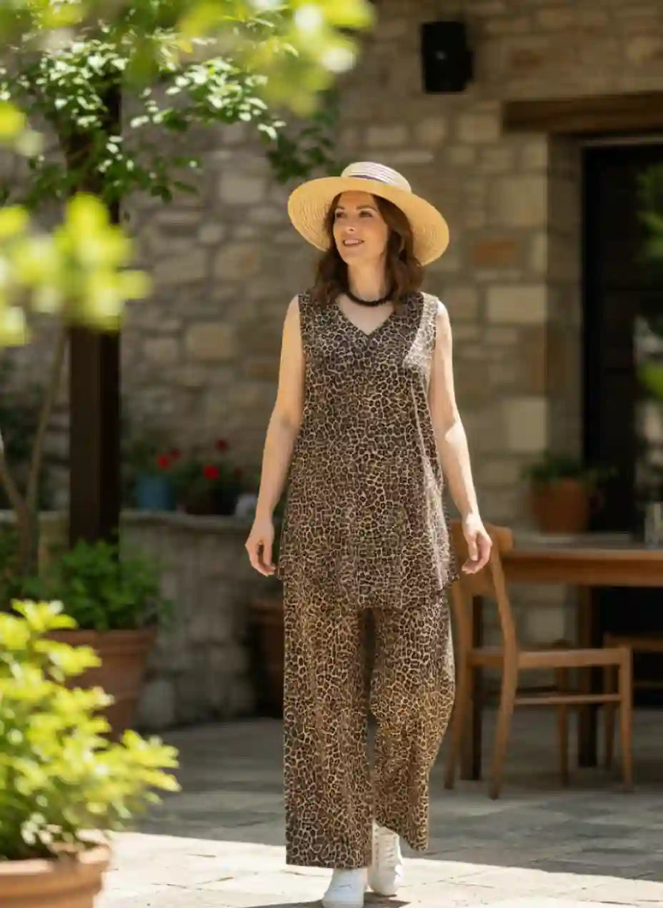Pantalon femme léopard large fluide jardin verdure chapeau paille look bohème chic coordonné BONITALUZ