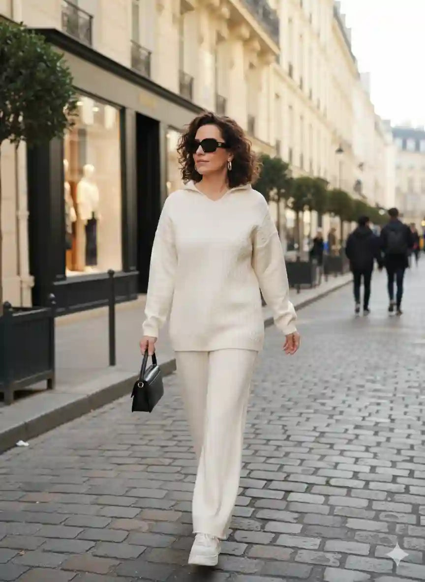 Ensemble femme deux pièces blanc pantalon large top sac noir carré lunettes soleil avenue haussmannienne Paris arbres look parisienne chic minimaliste BONITALUZ