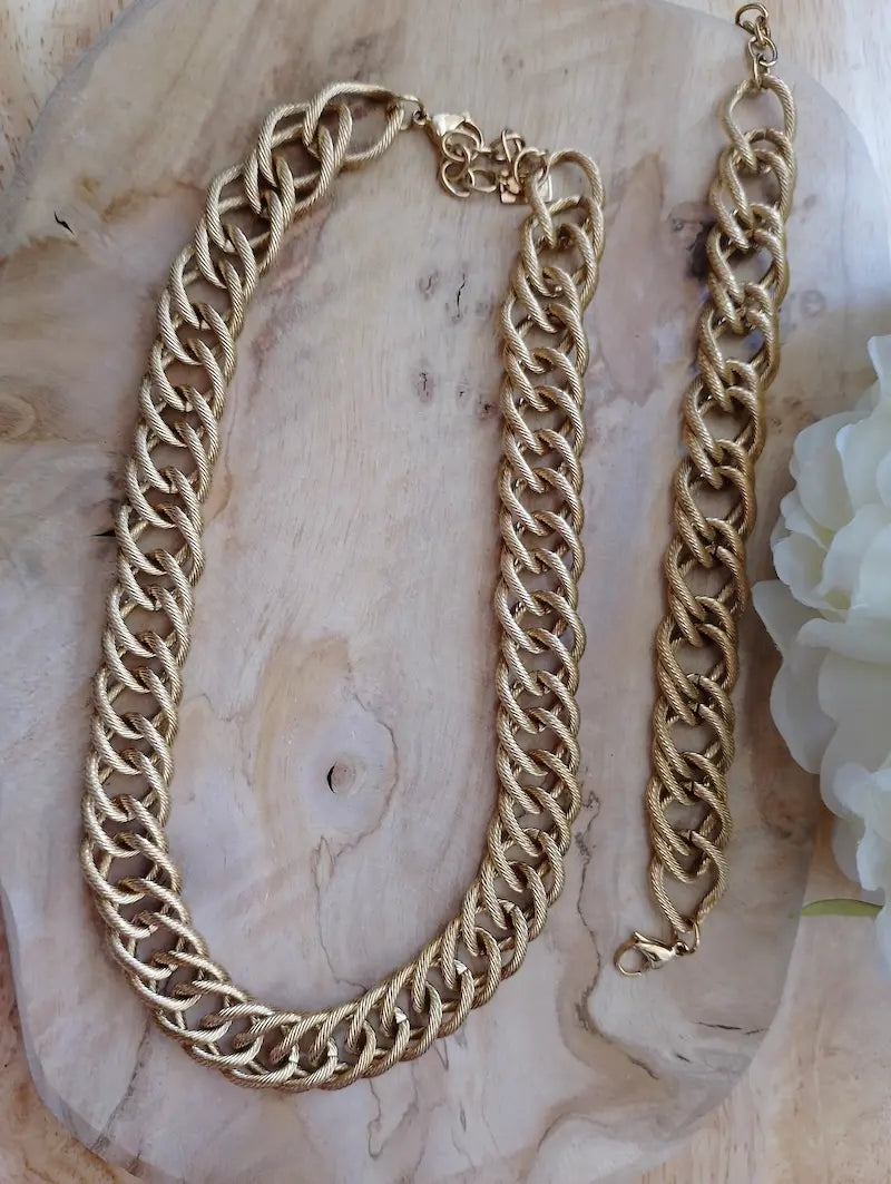 Ensemble collier et bracelet chaîne BONITALUZ doré - maillons torsadés épais, bracelet femme style vintage
