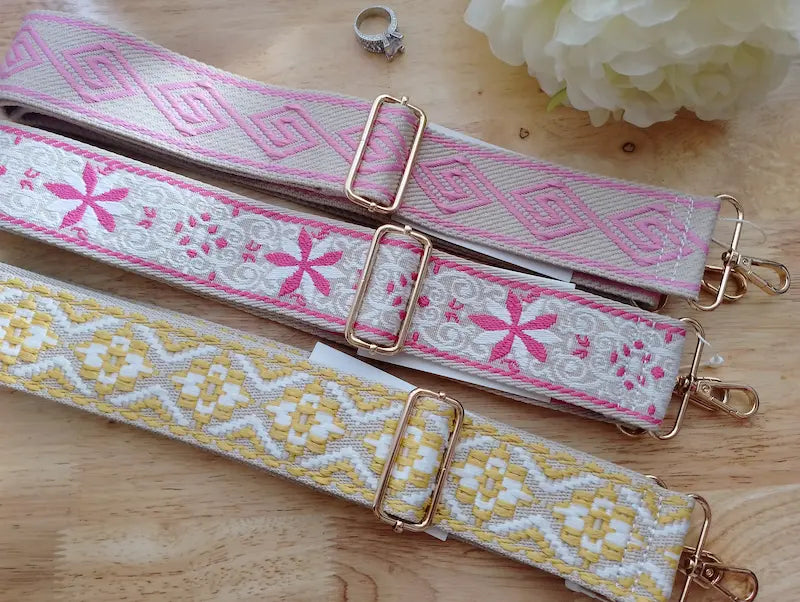 Sangles de sac brodées BONITALUZ - coloris jaune paille, rose vif et rose paillé