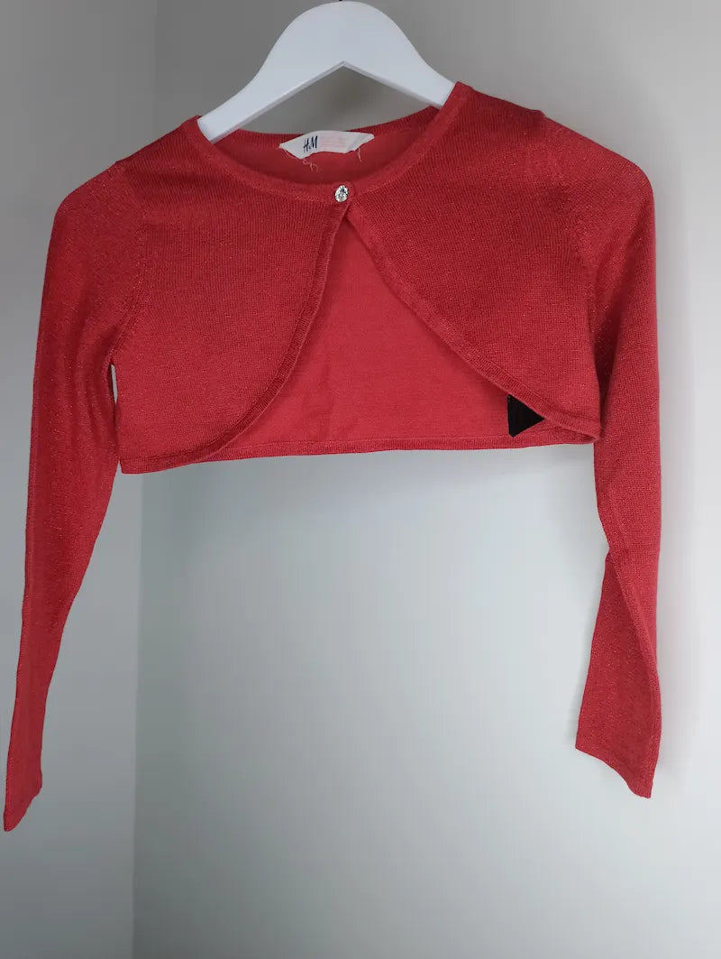 Gilet boléro rouge fille – face – tissu brillant fibre métallisée– Seconde Vie BONITALUZ