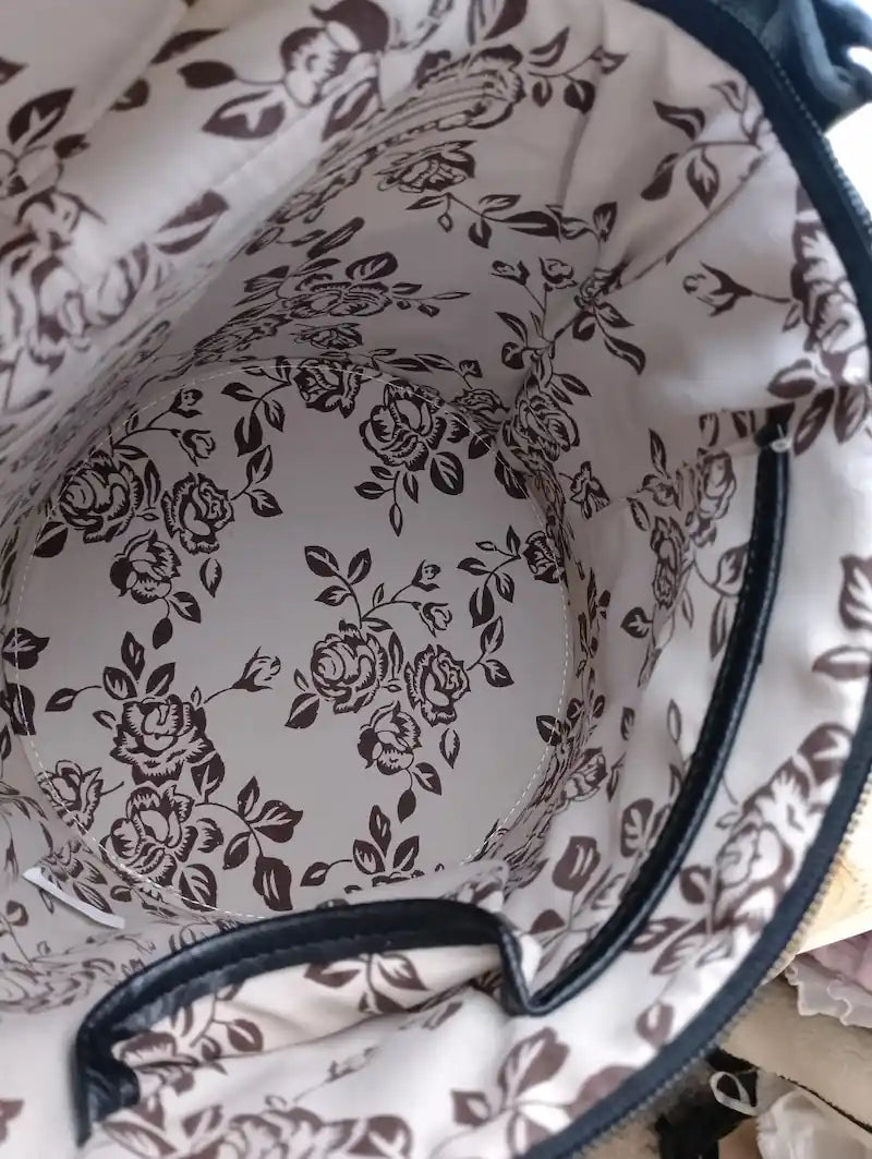 Sac seau Arlequin intérieur doublure motif fleuri noir blanc détail finition qualité BONITALUZ
