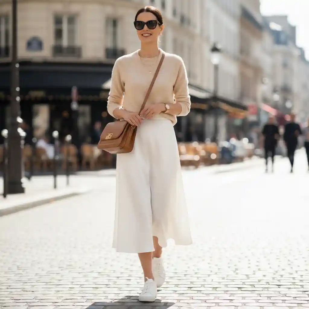  Jupe Dina femme beige look parisien manteau crème sac camel rue chic intemporel BONITALUZ