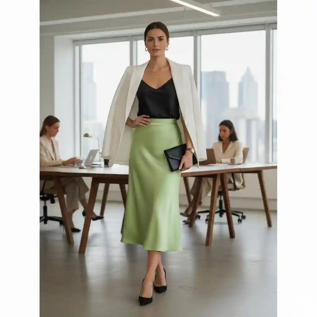Jupe Dina femme vert olive midi blazer blanc open space look bureau élégant professionnel BONITALUZ
