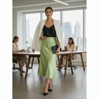 Jupe Dina femme vert olive midi blazer blanc open space look bureau élégant professionnel BONITALUZ