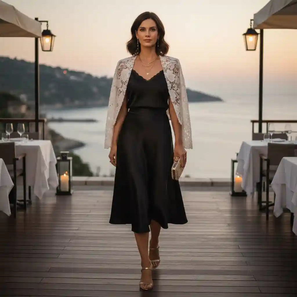 Jupe Dina femme noire terrasse vue mer coucher soleil veste brodée blanche look soirée romantique BONITALUZ