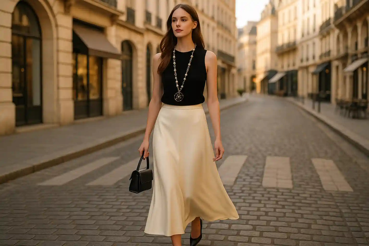 Jupe Dina femme beige midi top noir collier statement rue haussmannienne look parisien chic BONITALUZ