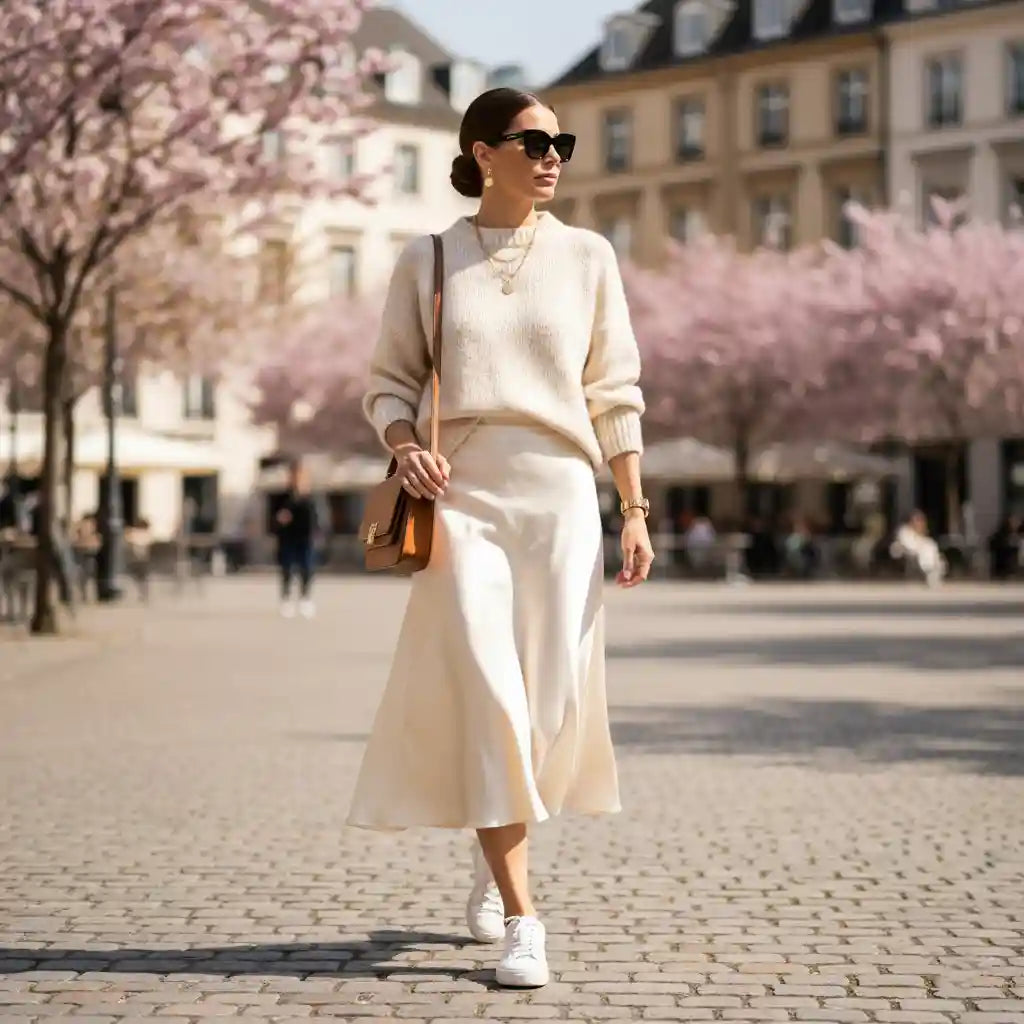 Jupe Dina femme beige allée cerisiers en fleurs manteau crème look printanier éditorial BONITALUZ