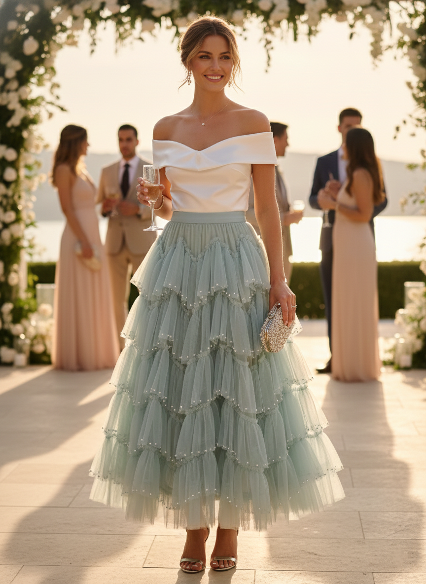 Jupe Perla vert d'eau à volant avec perle, vue de face - jupe élégante confortable 100% polyester taille unique pour mariages et anniversaires