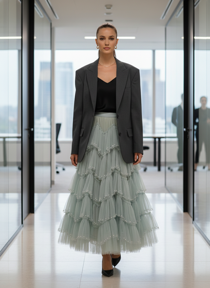 Jupe Perla volant délicat avec détails perle, vue d'ensemble - jupe rêve s'associant parfaitement avec top ou blouse pour look complet