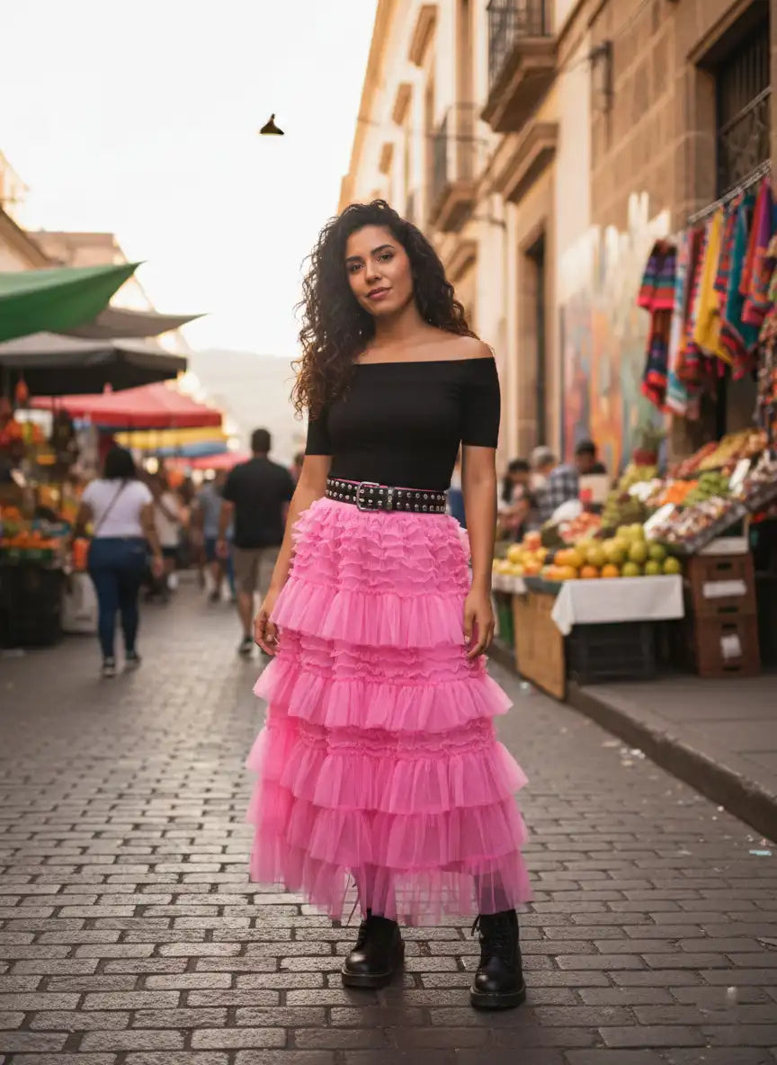 Jupe longue rose tulle femme portée dans un marché coloré, style boho festif