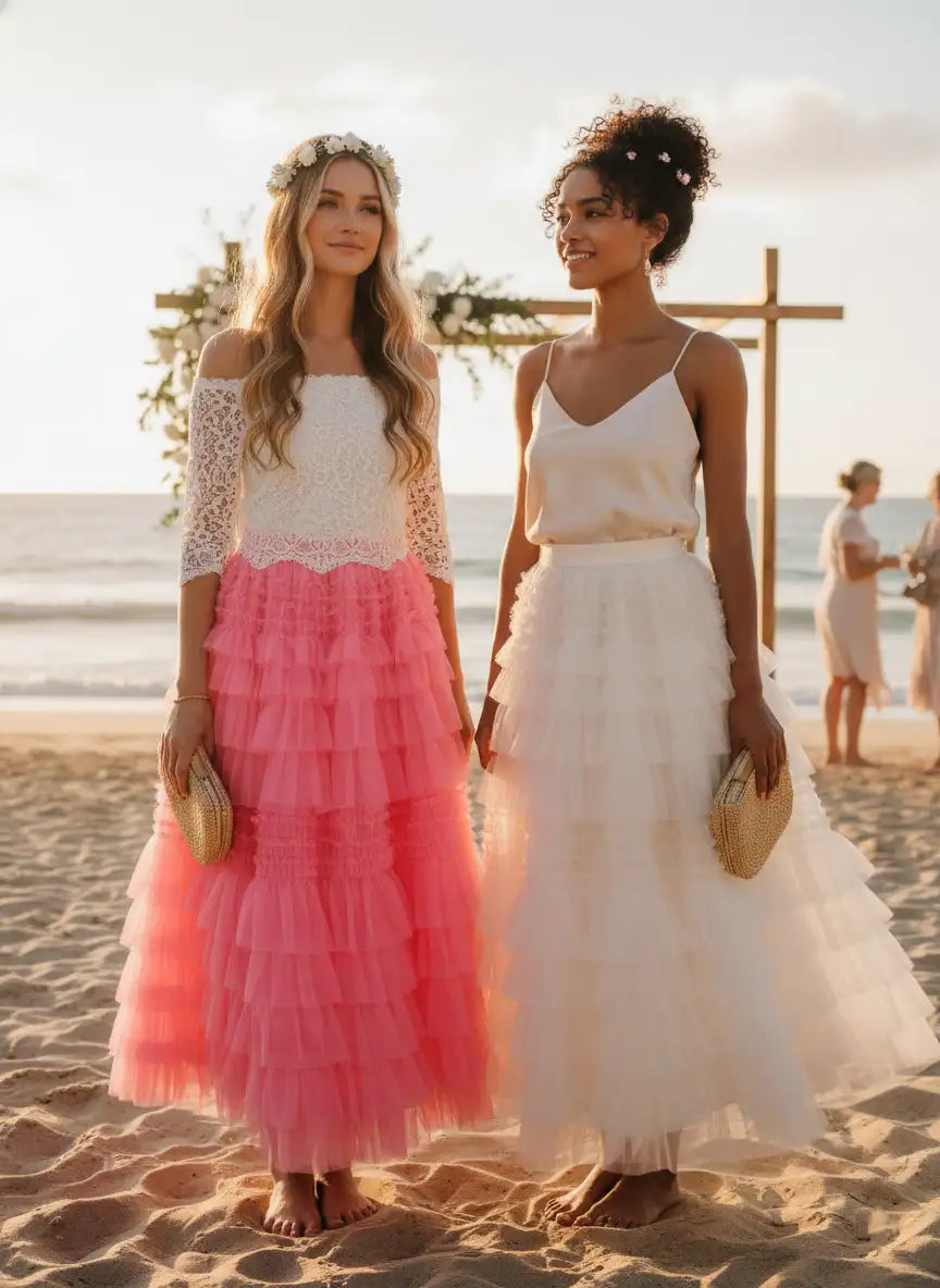 Jupe tulle rose et robe blanche, deux femmes sur une plage au coucher du soleil, style romantique