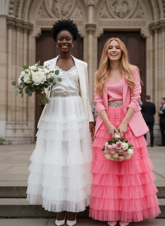 Jupe Rosalia rose coupe flatteuse sophistiquée, vue d'ensemble - jupe vaporeuse facile d'entretien lavage machine séchage air