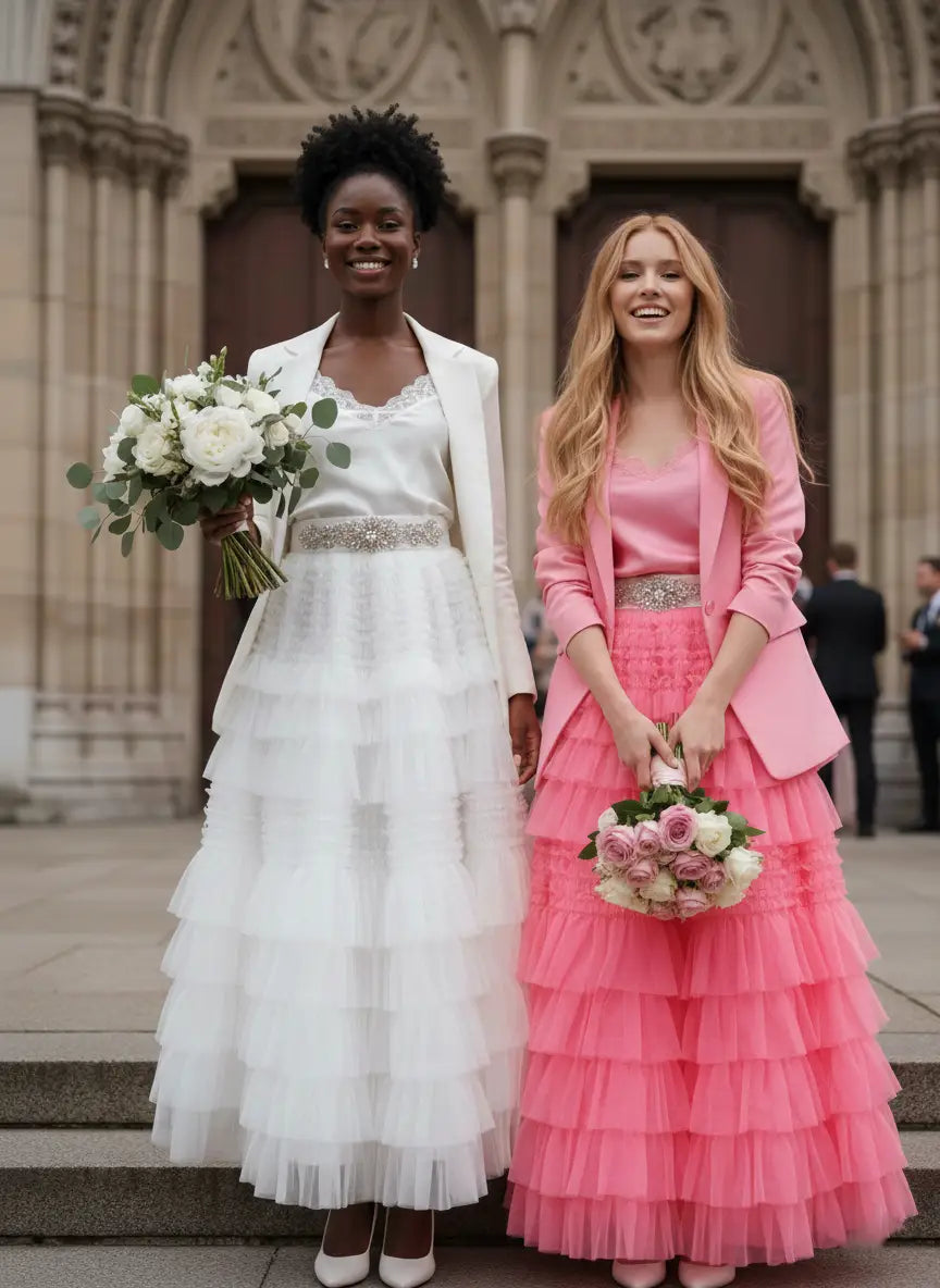 Jupe longue rose à volants portée lors d'un mariage, look romantique et élégant devant une église