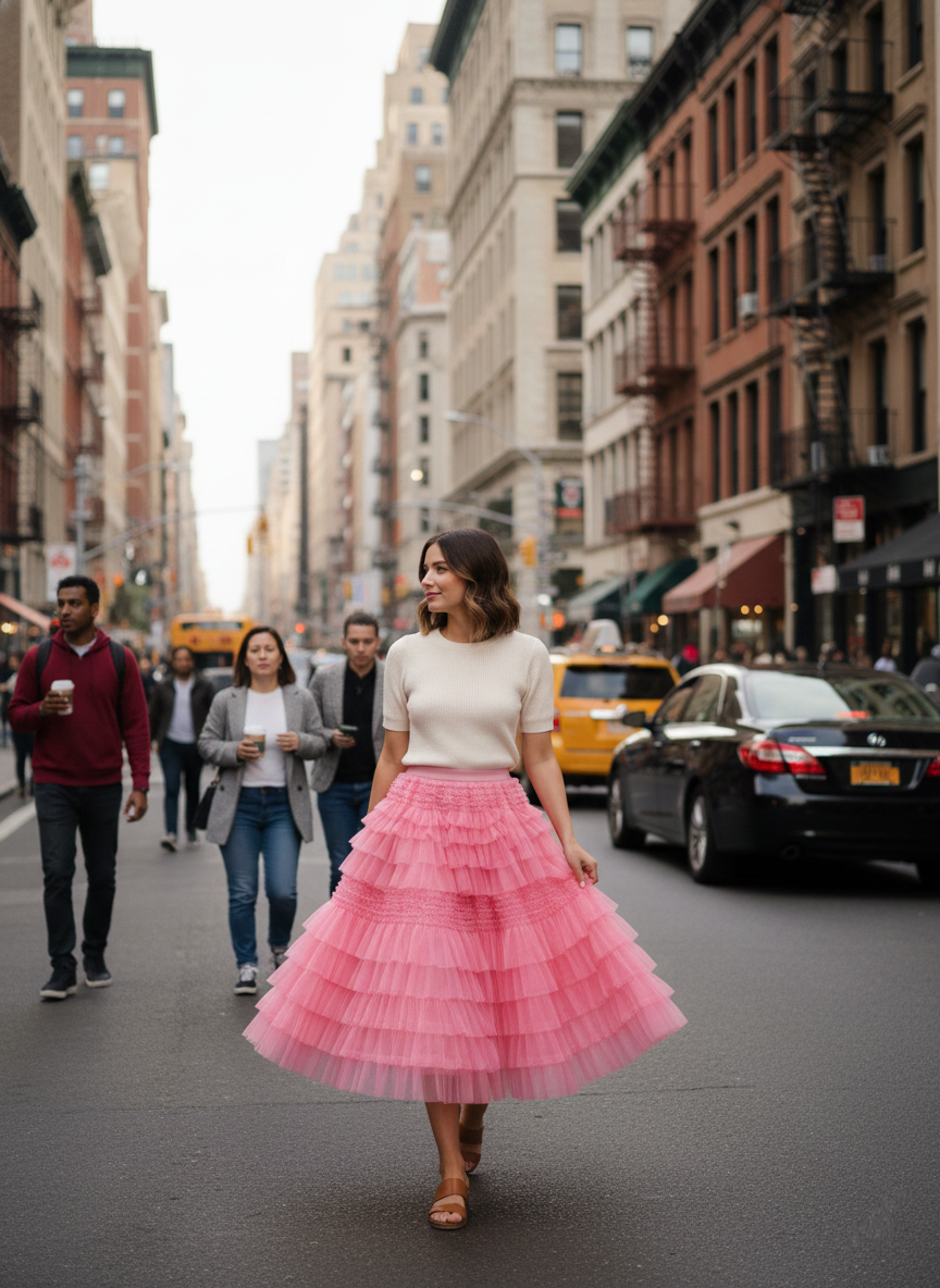 Jupe Rosalia rose coupe flatteuse sophistiquée, vue d'ensemble - jupe vaporeuse facile d'entretien lavage machine séchage air